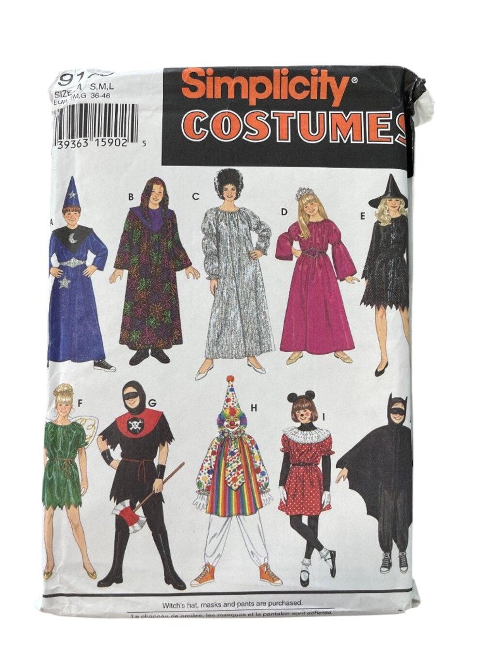 Simplicity 9175 Costume Pattern S-L Clown Mouse Fairy Witch Bat Wizard UNCUT